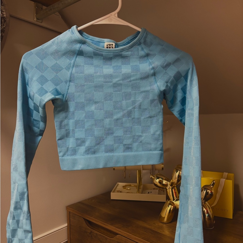 JoyLab Light Blue Checkered Crop Top
